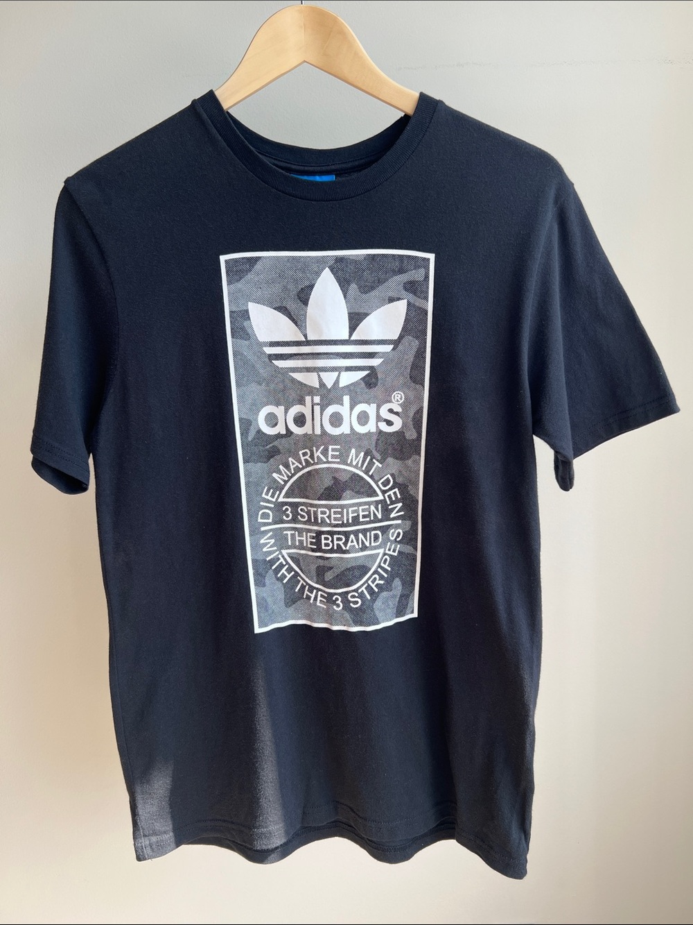 adidas Black Tee with White Trefoil and Camo Panel